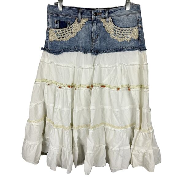 Y2K Candies Denim Tiered Cotton Blend Boho Indie Midi Mid Rise Skirt L - Picture 1 of 4